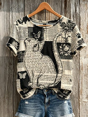 Damen-T-Shirt mit Katzen- und Pfotenmuster, floralem Zeitungsmuster und Patchwork-Optik, Kurzarm