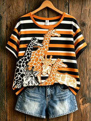Damen-T-Shirt mit Tier-Giraffen-Print, im Vintage-Stil, modisch, locker geschnitten, mit kurzen Ärmeln