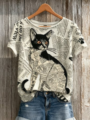 Damen-T-Shirt mit Katzen- und Pfotenmuster, Zeitungs-Quiltpatchwork und Kunstprint, kurzärmelig