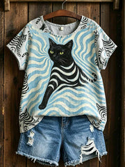 Damen-Vintage-T-Shirt mit Katzenmuster