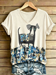 Damen-T-Shirt mit tierischem Hundemotiv, bedruckt, im Vintage-Stil, modisch, locker geschnitten, mit kurzen Ärmeln