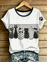 Damen-T-Shirt mit Katzenmotiv-Print, im Vintage-Stil, modisch, locker geschnitten, kurze Ärmel