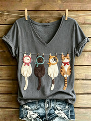 Damen-T-Shirt mit Katzenmotiv-Print, im Vintage-Stil, modisch, locker geschnitten, kurze Ärmel