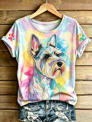 Damen-T-Shirt mit tierischem Hundemotiv, bedruckt, im Vintage-Stil, modisch, locker geschnitten, mit kurzen Ärmeln