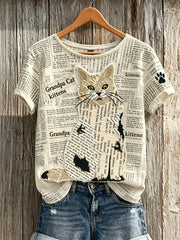 Damen-T-Shirt mit Katzen- und Pfotenmuster, Zeitungs-Quiltpatchwork und Kunstprint, kurzärmelig