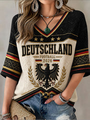 Damen-Fußball-T-Shirt aus Deutschland mit mittellangen Ärmeln und V-Ausschnitt