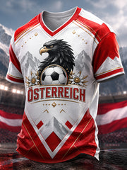 Herren-T-Shirt mit V-Ausschnitt und Kunstdruck zum Anfeuern bei österreichischen Fußballspielen