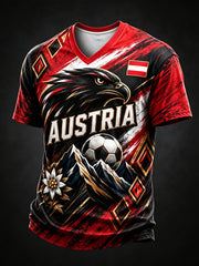 Herren-T-Shirt mit V-Ausschnitt und Kunstdruck zum Anfeuern bei österreichischen Fußballspielen