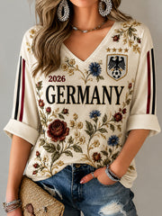 Damen-T-Shirt mit Blumenmotiv, deutschem Fußball-Design und V-Ausschnitt