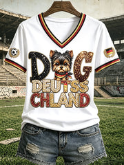 Damen Weiß Deutscher Fußball Niedliches Welpen-Sequinned Print Lässiges T-Shirt mit V-Ausschnitt
