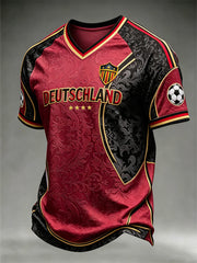 Herren-T-Shirt mit kontrastfarbenem Design, Fußball-Element-Muster und V-Ausschnitt