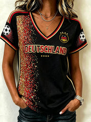 Rotes und schwarzes Kontrastfarben-Design mit Fußballmuster – lässiges Kurzarm-T-Shirt für Damen