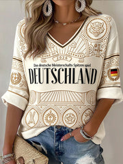 Damen Off-White Deutsch Fußball Print Casual V-Ausschnitt T-Shirt