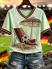 Damen-Fußball-T-Shirt aus Deutschland mit V-Ausschnitt und schulterfreiem, kurzärmeligem Design