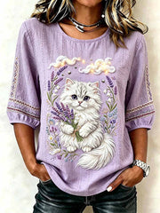 Damen-Romantisches T-Shirt mit Katzenmuster