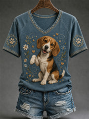 Damen-Retro-T-Shirt mit Hunde-Print und V-Ausschnitt, lässig geschnitten