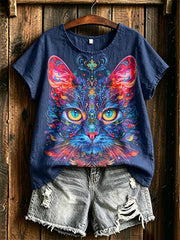 Frauen Mode Sternen himmel Katze Print T-Shirt