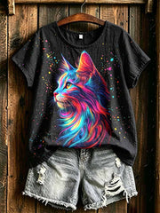 Frauen Mode bunt gestreifte Katze Print T-Shirt