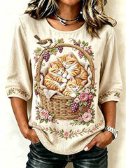 Damen-Romantisches T-Shirt mit Katzenmuster
