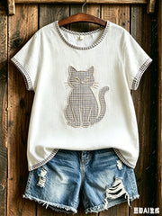 Damen-Mode kariertes T-Shirt mit Katzenmuster