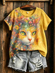Frauen romantisches Katzen muster bedrucktes T-Shirt