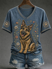 Damen-Retro-T-Shirt mit Hunde-Print und V-Ausschnitt, lässig geschnitten