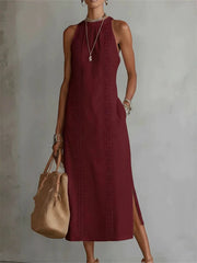 Damen-elegantes, schlichtes ärmelloses Leinen-Maxikleid mit seitlichem Schlitz