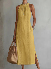 Damen-elegantes, schlichtes ärmelloses Leinen-Maxikleid mit seitlichem Schlitz