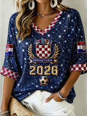Damen-T-Shirt mit mittellangen Ärmeln und V-Ausschnitt