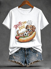 Damen-Weißes Freizeit-T-Shirt mit deutschem Hot-Dog-Fußball-Print
