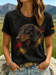 Damen-T-Shirt mit Dackel-Print aus Waffelstoff, kurzärmelig