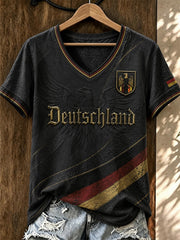 Damen-Fußball-T-Shirt aus Deutschland mit V-Ausschnitt und Aufdruck