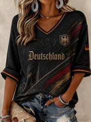 Damen-T-Shirt mit Deutschland-Fußballmotiv, mittellange Ärmel und V-Ausschnitt