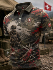 Herren-Poloshirt im Vintage-Stil mit kurzen Ärmeln und Camouflage-Print