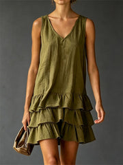 Damen-Vintage-Minikleid mit Rüschen, mehrschichtigem Saum und ärmellos
