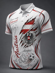 Herren-Poloshirt aus Österreich mit kunstvollen Print-Elementen für Cheerleading-Wettkämpfe