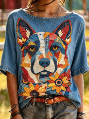 Damen-T-Shirt mit tierischem Hundemuster, im Vintage-Stil, modisch, locker geschnitten, mit kurzen Ärmeln