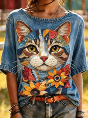Damen-Tier katze bedrucktes Vintage-Mode-T-Shirt mit kurzen Ärmeln