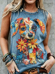Damen-Retro-Tanktop mit Tier- und Hunde-Print, ärmellos