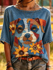 Damen-Animals-Hund-Print Vintage-Mode lockeres Kurzarm-T-Shirt
