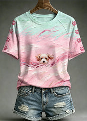 Frauen Ölgemälde Tiere Hund gedruckt Vintage Mode lose Kurzarm T-Shirt