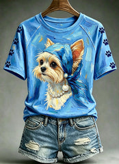 Frauen Ölgemälde Tiere Lustiger Hund gedruckt Vintage Mode lose Kurzarm T-Shirt
