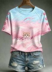 Frauen Ölgemälde Tiere Katze gedruckt Vintage Mode lose Kurzarm T-Shirt