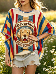 Damen-Deutsch-Bayerisches niedliches Hundestreifen-Print lässiges, weites T-Shirt