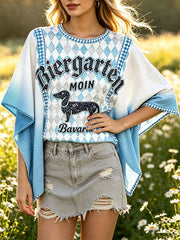Damen-T-Shirt im bayerischen Stil mit niedlichem Hund und Farbverlauf, lässige Passform