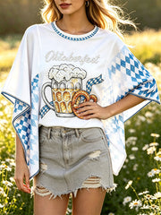 Damenweißes Freizeit-T-Shirt mit bayerischem Bier-Print, lockere Passform