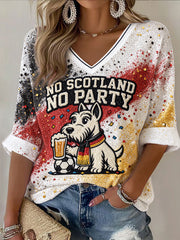 Damen-Deutschland-T-Shirt mit niedlichem Hund-Fußball-Print, lässig, V-Ausschnitt