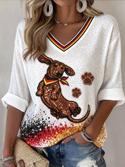 Damen-T-Shirt aus Baumwolle mit V-Ausschnitt und Paillettenprint, Motiv: Deutsch-Kurzhaar-Hündin