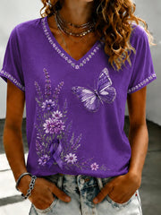 Damen-T-Shirt mit violetter Blumen-Print-Optik und V-Ausschnitt
