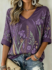 Damen-T-Shirt mit violettem Pflanzenmuster, mittellange Ärmel und V-Ausschnitt